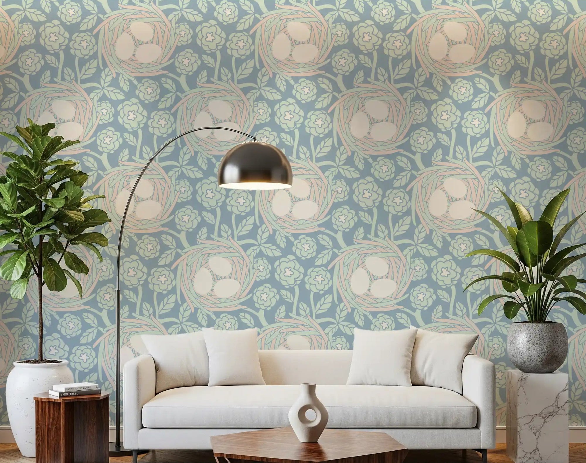 Living room Cozy Nest wallpaper with mint blue base and soft egg artwork