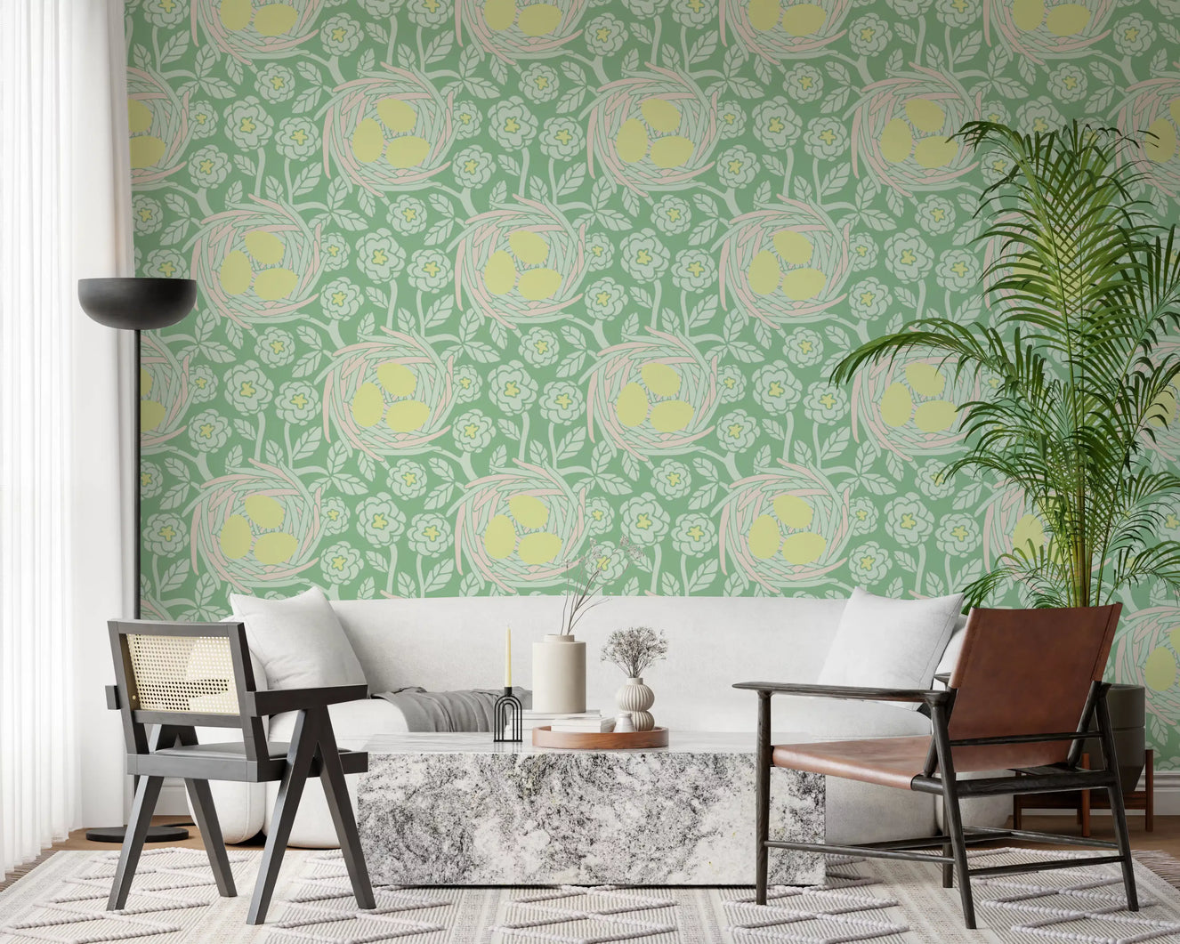 Office Home Yellow Green Nest wallpaper showing flowers and soft leaf shapes