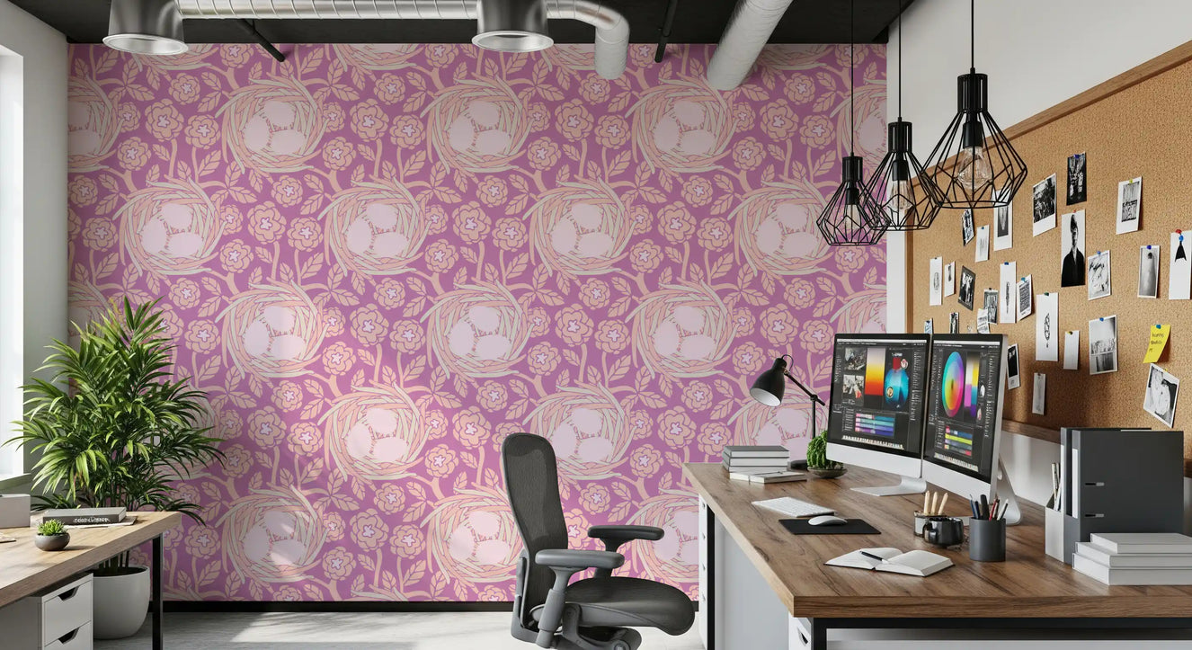 Gemütliches Nest Cottagecore Frühling Blumen Vogel Eier Pastell Blush Mauve Tapete⁠