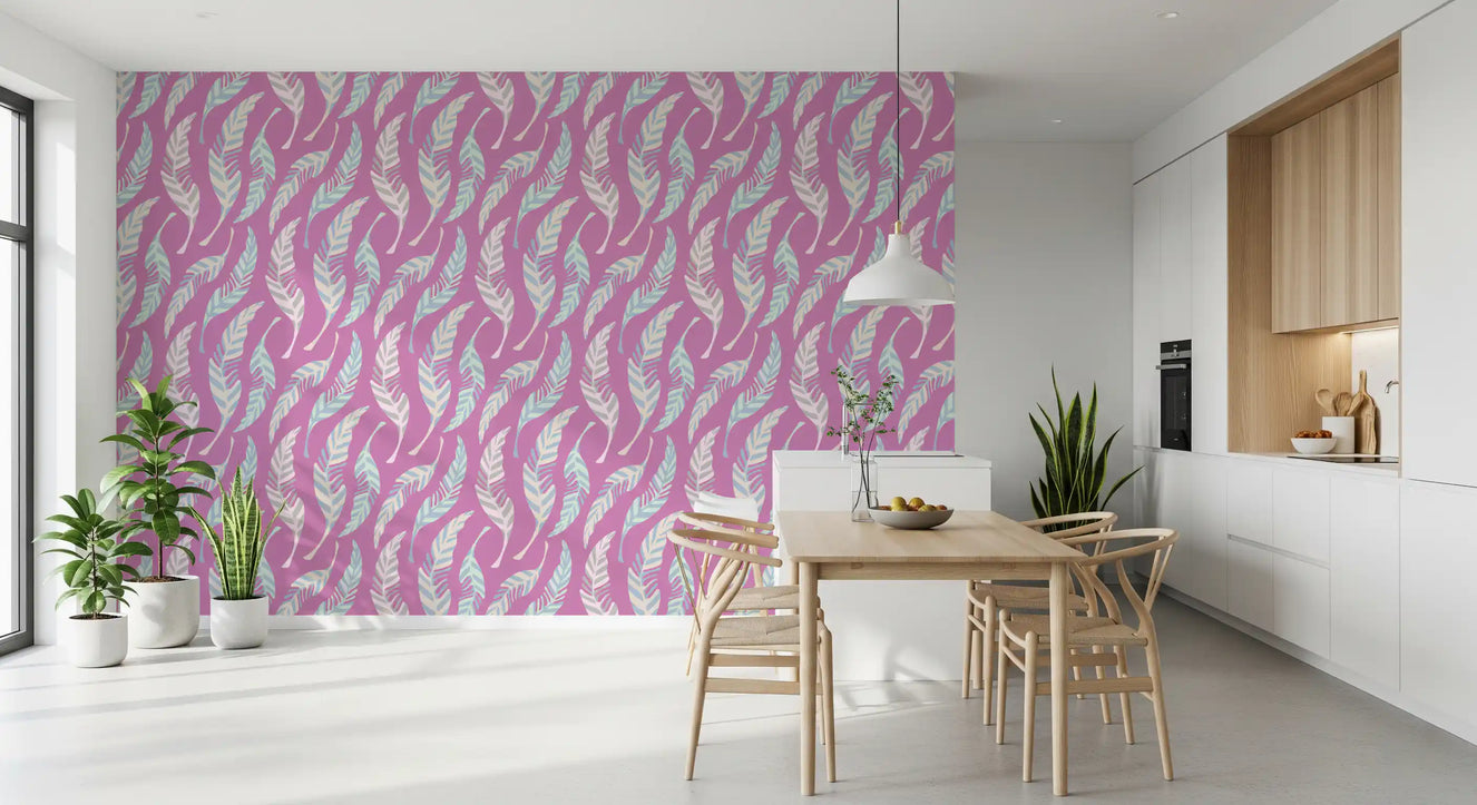 Kitchen dining are Cottagecore Feather wallpaper with soft pastel pattern detail