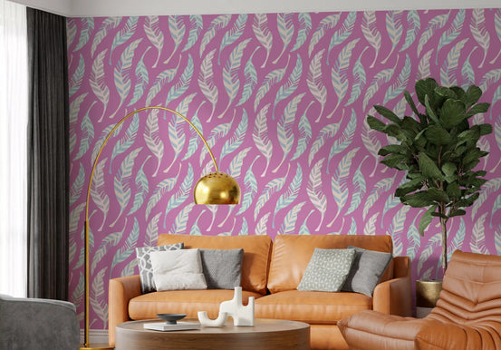 Home office Feather Pastel wallpaper with mauve pink and blue tones