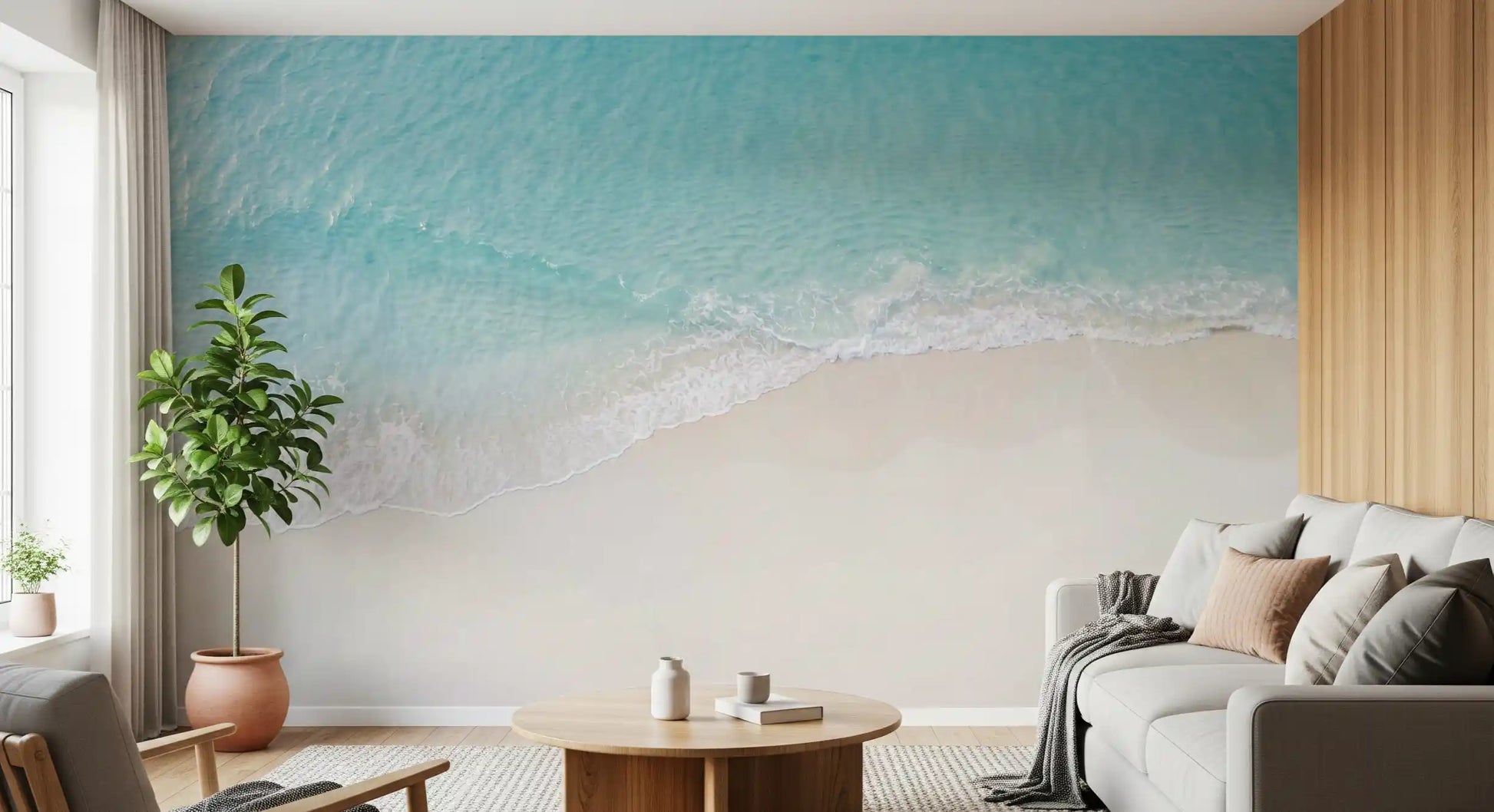 Aerial beach wall mural with Coastal Serenity water and foam detail