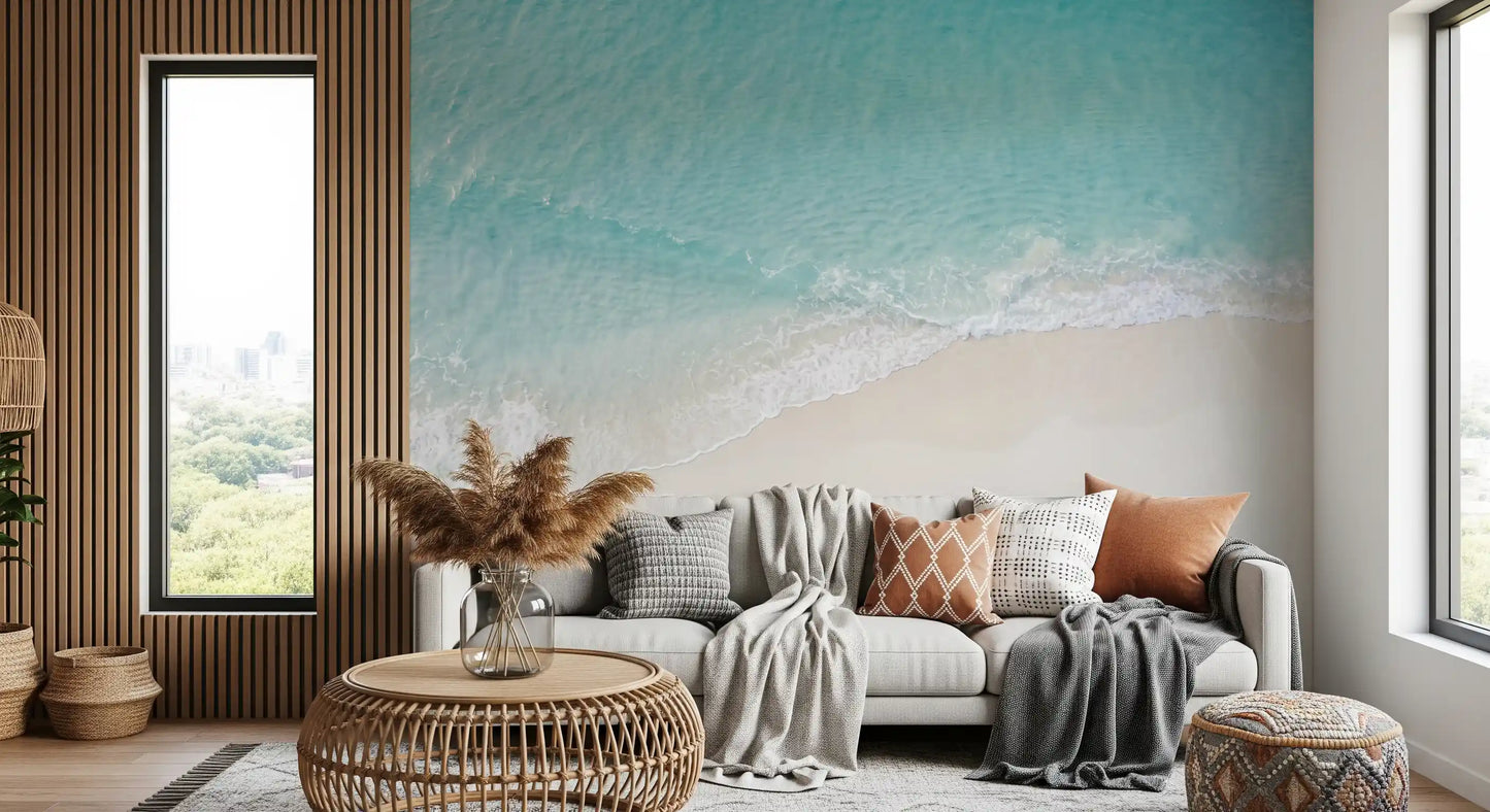 Living room Turquoise coastal mural with white sand and gentle waves