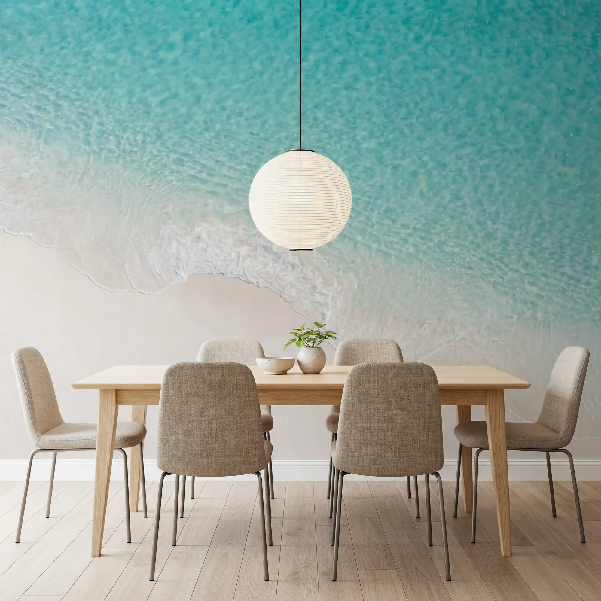 Dining room Aqua Shoreline Bliss wall mural with turquoise waves and sand
