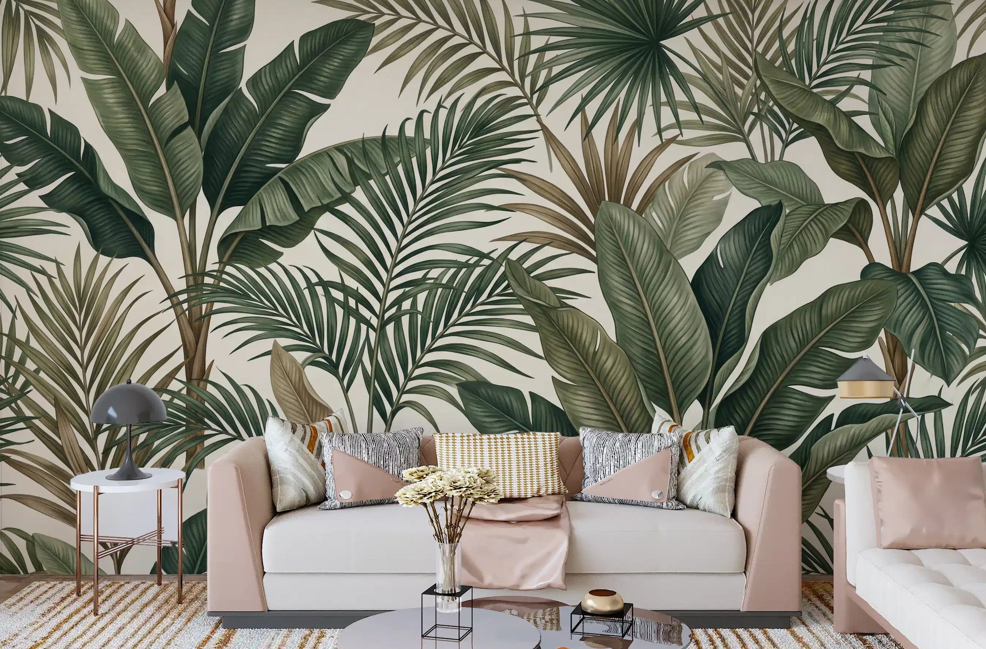 Living room with Lush Tropical Foliage wall mural and palm leaf artwork