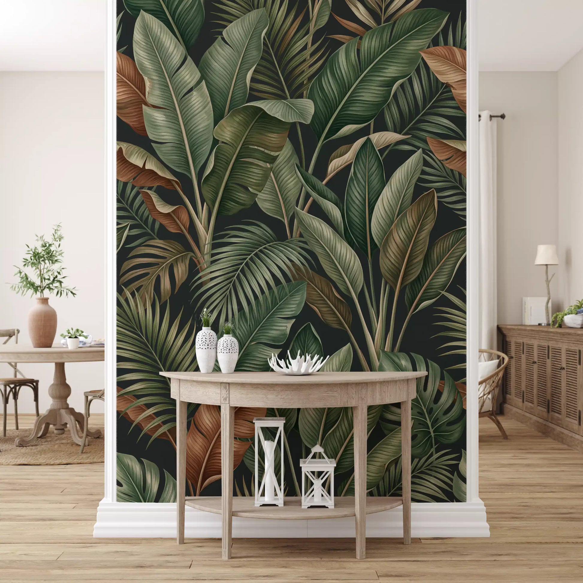 Palm leaf mural with Tropical Foliage pattern and earthy tones
