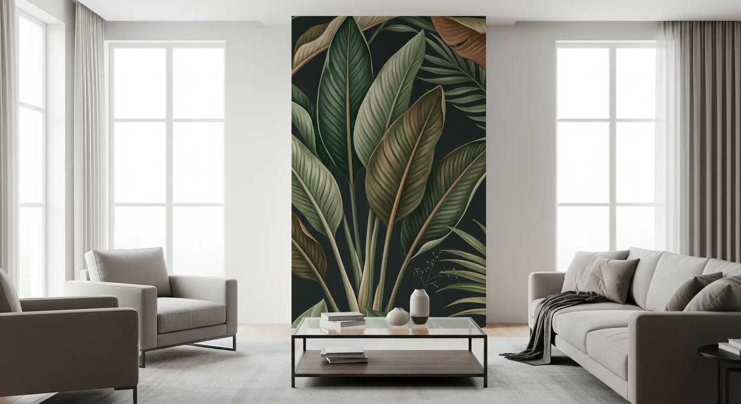 Dark green mural with Tropical Foliage leaves and shadow detail