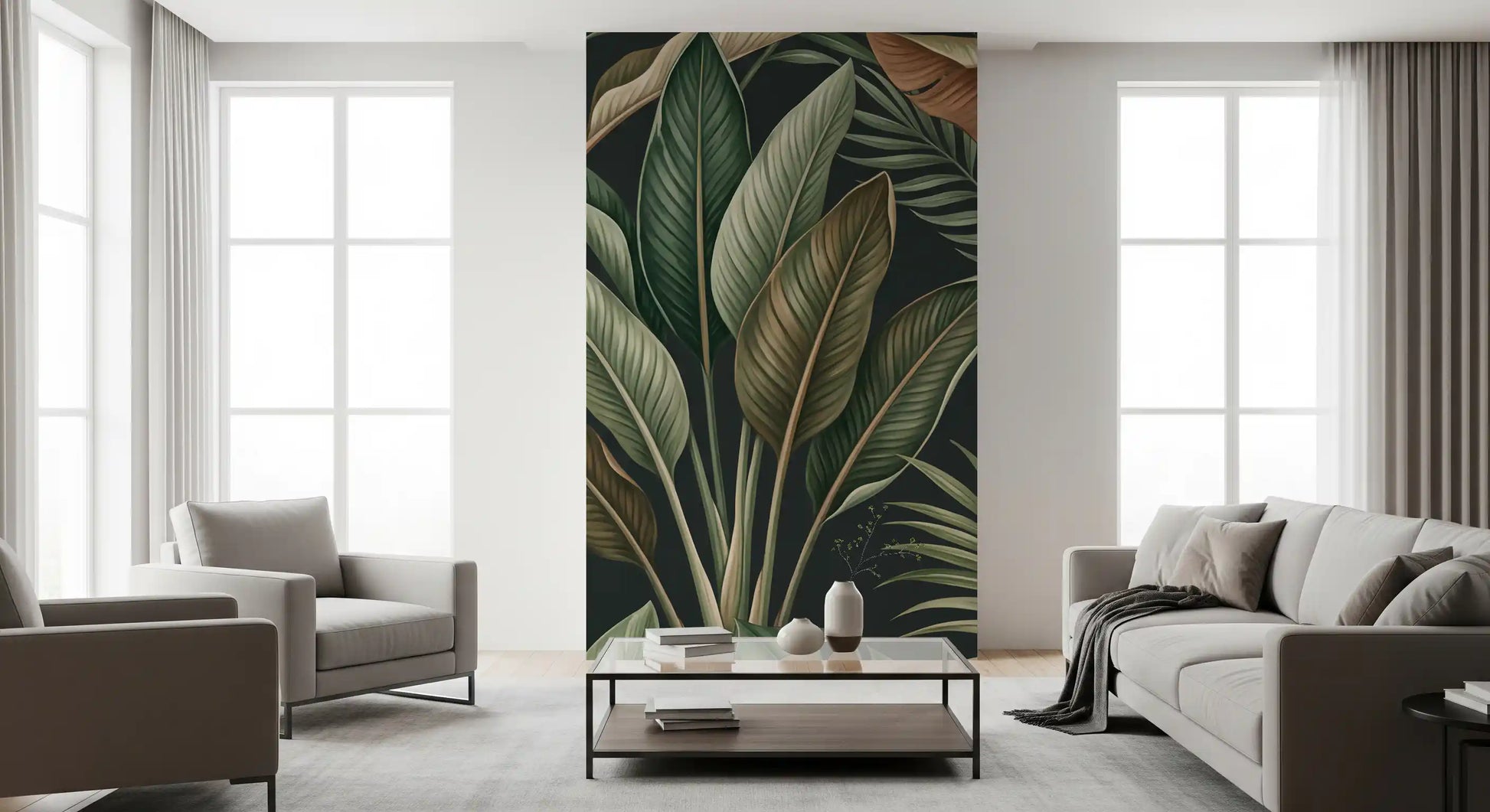 Dark green mural with Tropical Foliage leaves and shadow detail