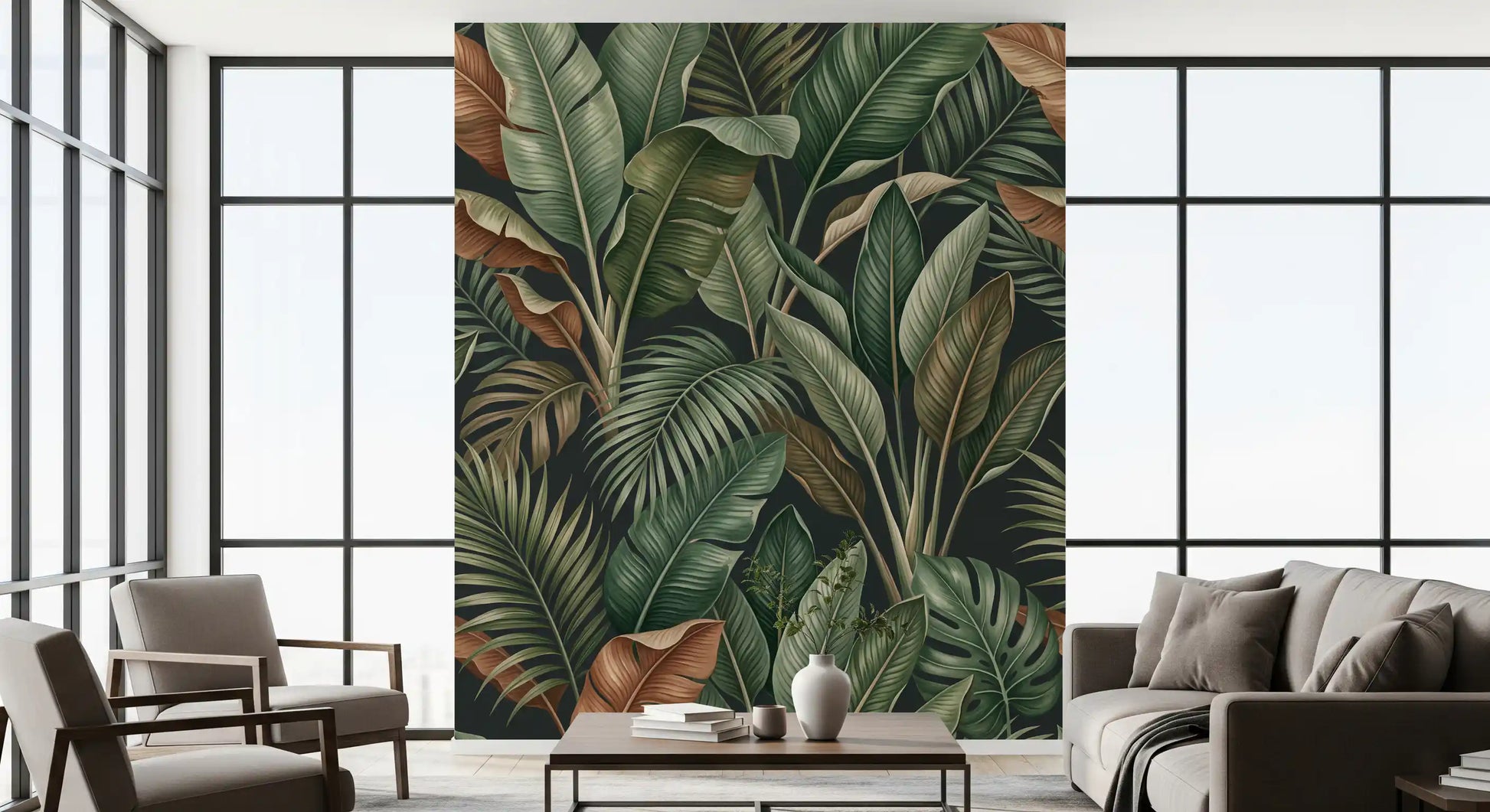Living room features Tropical leaf mural with dense jungle pattern