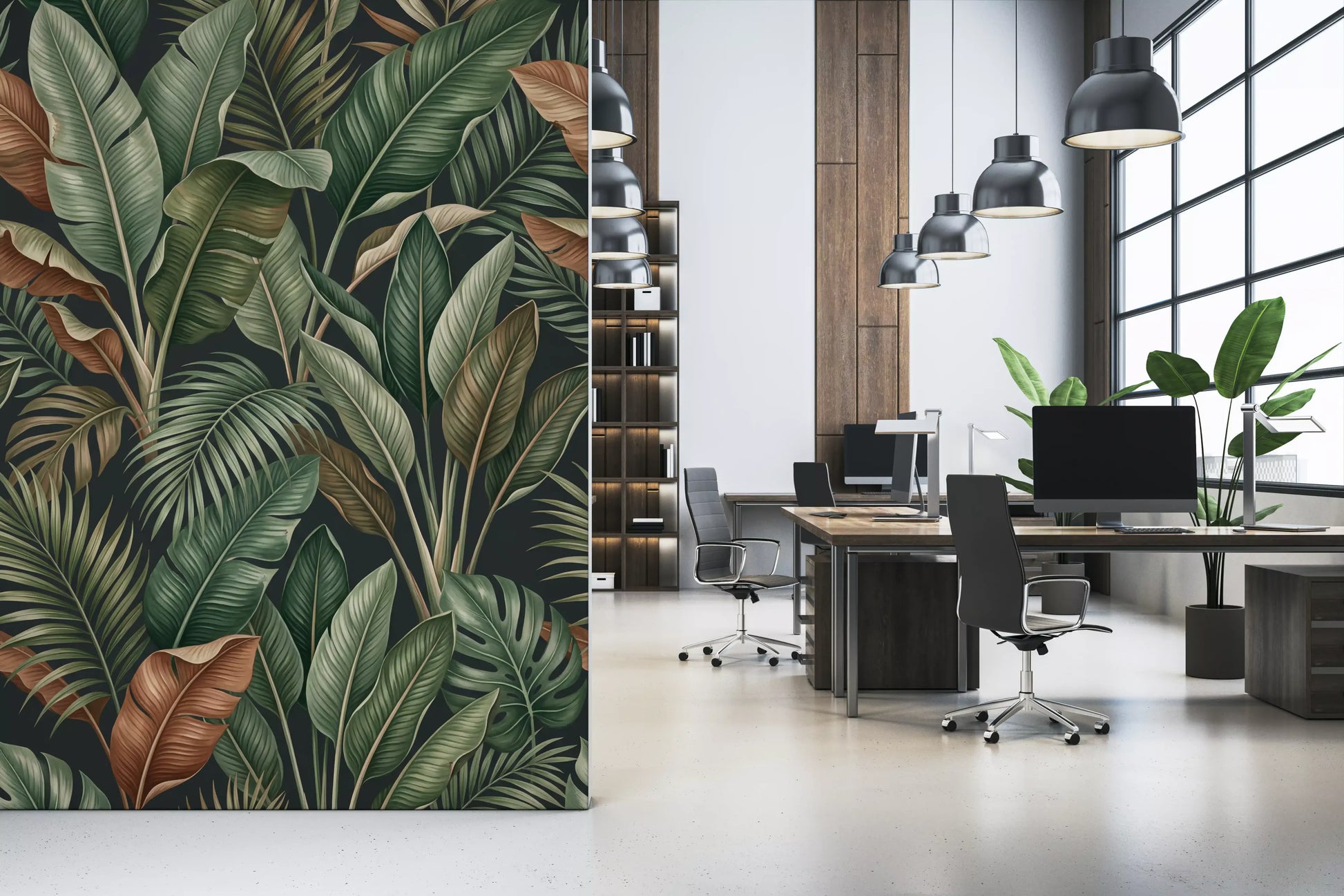 Office shows Tropical Foliage mural with deep green botanical detail