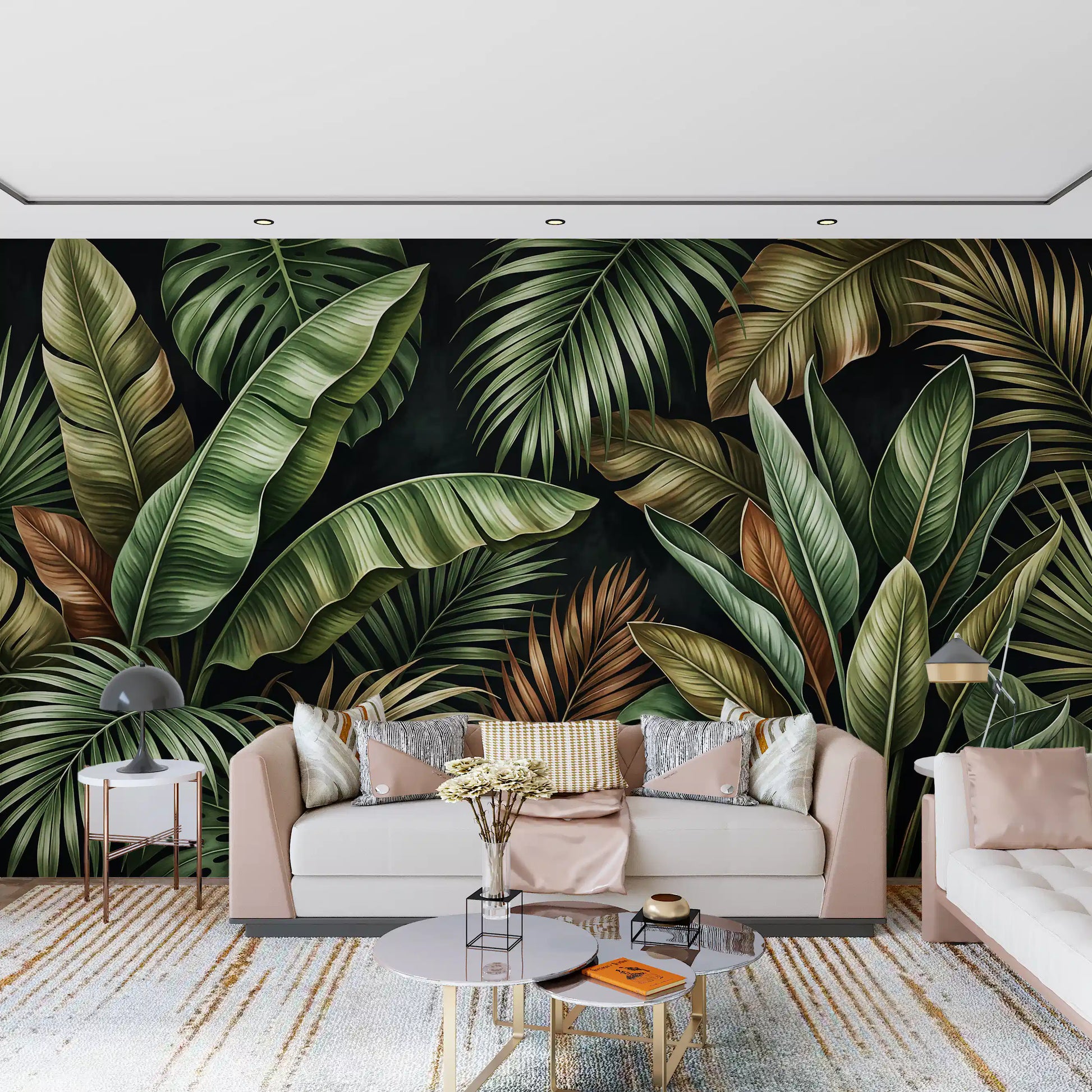 Living room styled with Botanical Design Wall Mural in olive ocher tones
