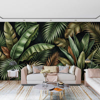 Living room styled with Botanical Design Wall Mural in olive ocher tones