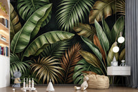 Jungle leaf wall mural with rich green tones and natural botanical flow