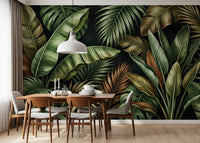 Tropical leaf wall mural showing palms, olive shading, and jungle depth