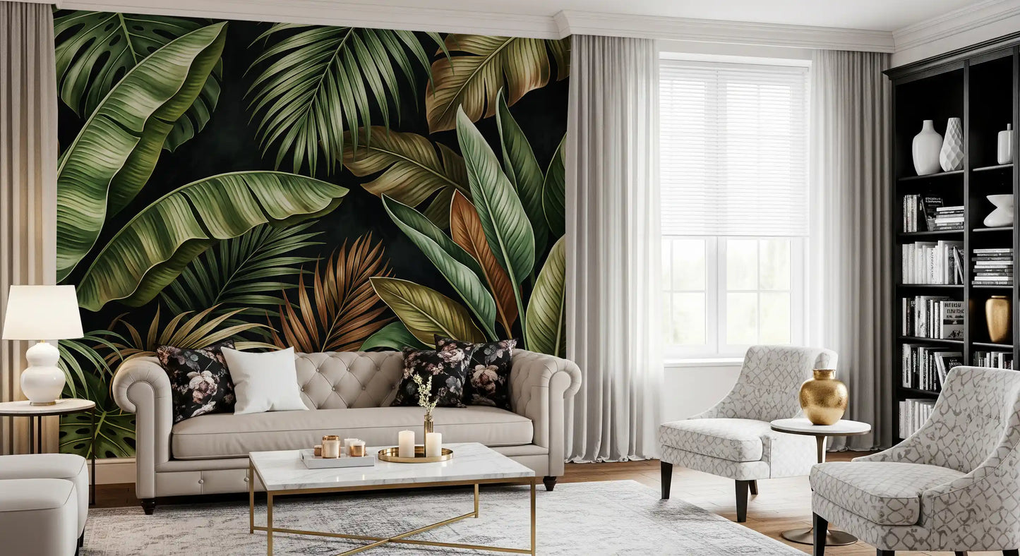 Living room using Botanical Design Wall Mural with dark green palm artwork