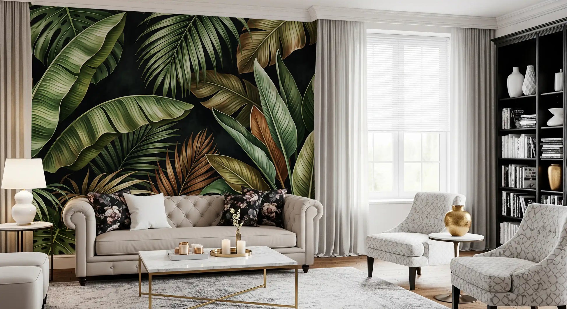 Living room using Botanical Design Wall Mural with dark green palm artwork