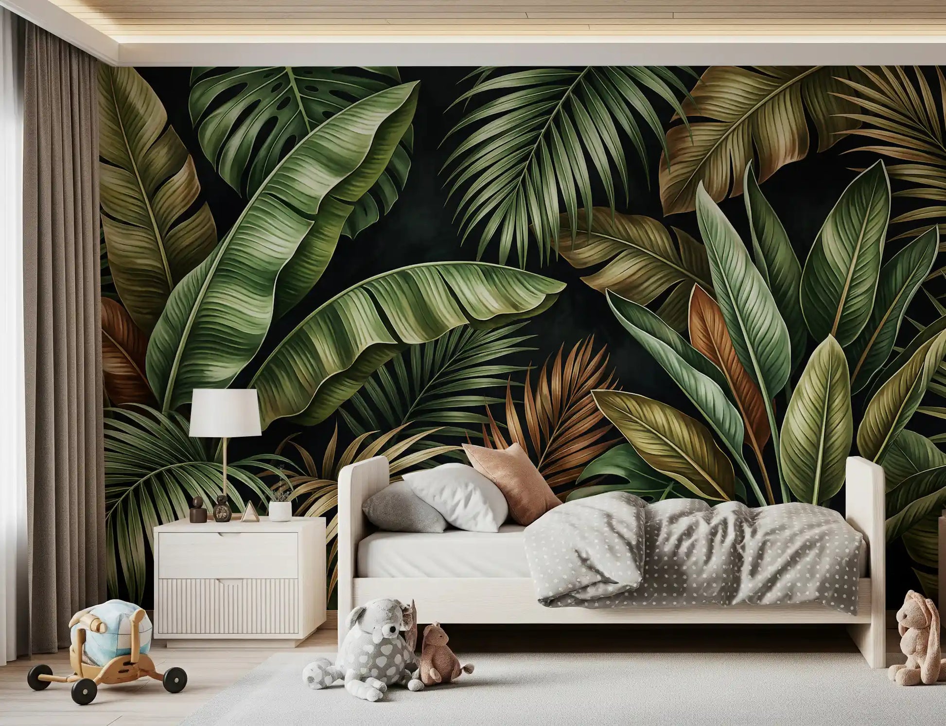 Bedroom featuring Botanical Design Wall Mural and rich jungle leaf detail