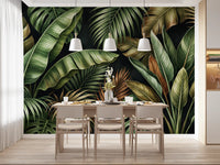 Layered palm wall mural with banana leaves on a deep black background