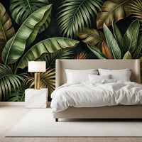 Dark botanical wall mural with green leaves and warm ocher plant accents