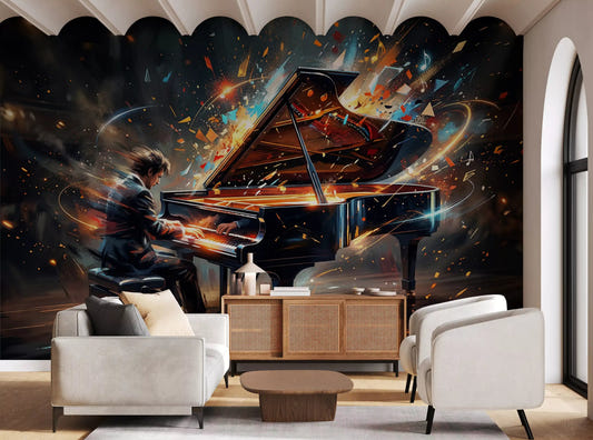 Living room styled with Symphony of Light mural and glowing piano artwork
