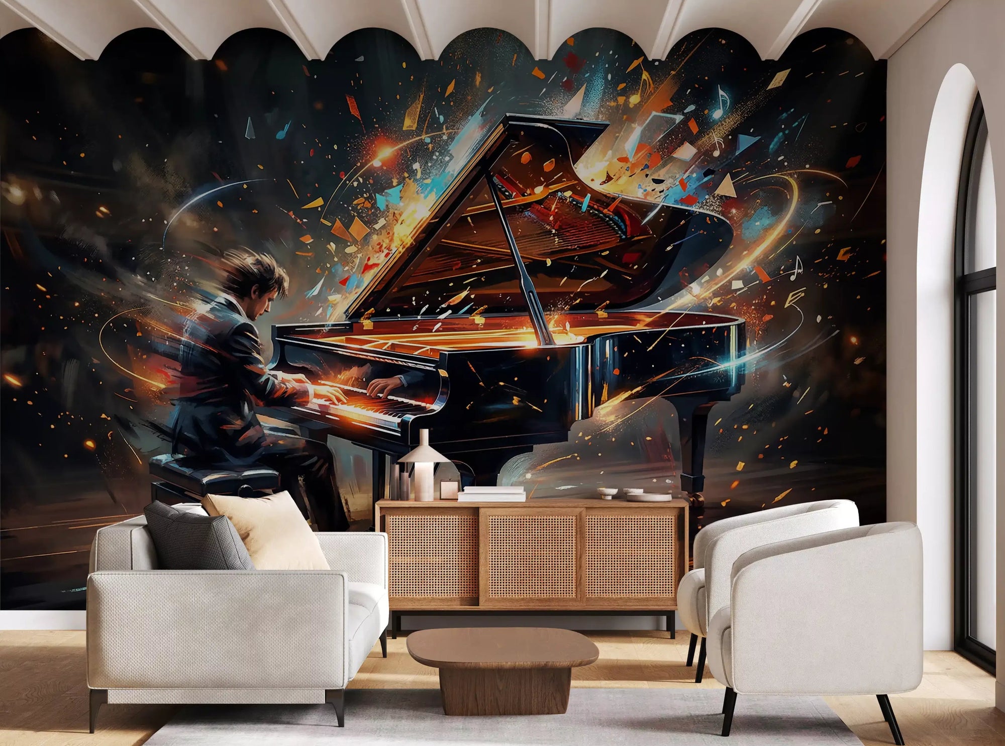 Living room styled with Symphony of Light mural and glowing piano artwork