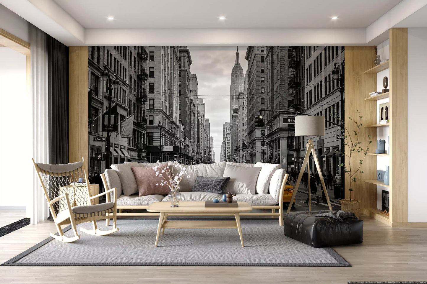 Urban street wall mural with taxis, buildings, and skyline depth
