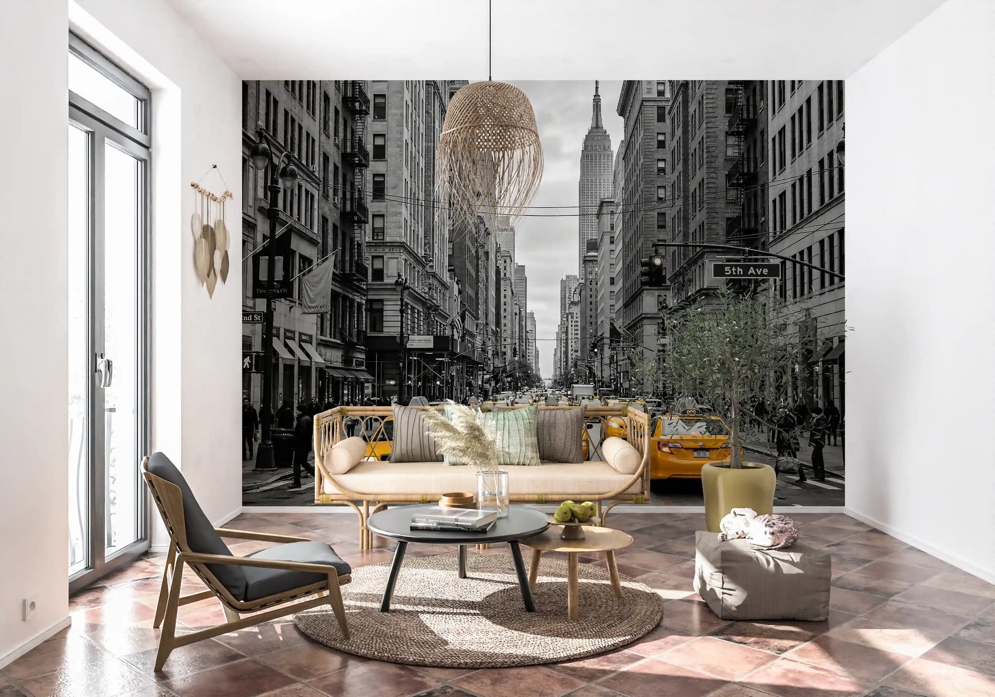 Hallway wall with urban taxi mural and monochrome New York avenue