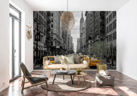 Hallway wall with urban taxi mural and monochrome New York avenue