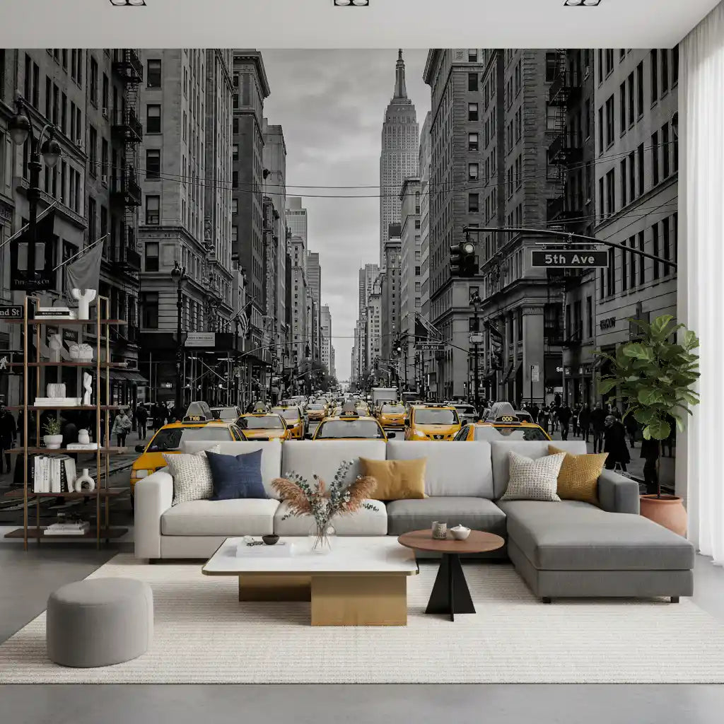 NYC city wall mural with golden taxis and tall Manhattan buildings