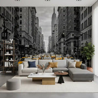 NYC city wall mural with golden taxis and tall Manhattan buildings