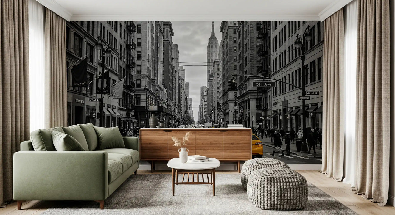 Hallway wall using NYC taxi wall mural with black-and-white streets