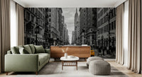 Hallway wall using NYC taxi wall mural with black-and-white streets