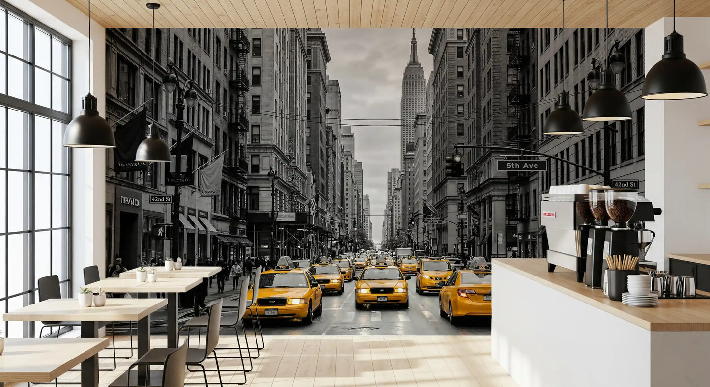 Cafe area showing Manhattan Golden Rush wall mural street view