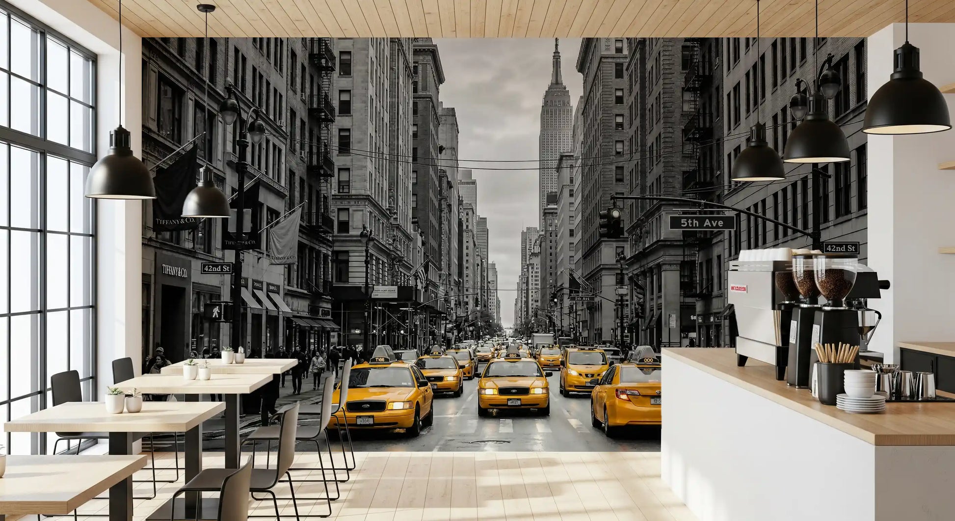 Cafe area showing Manhattan Golden Rush wall mural street view