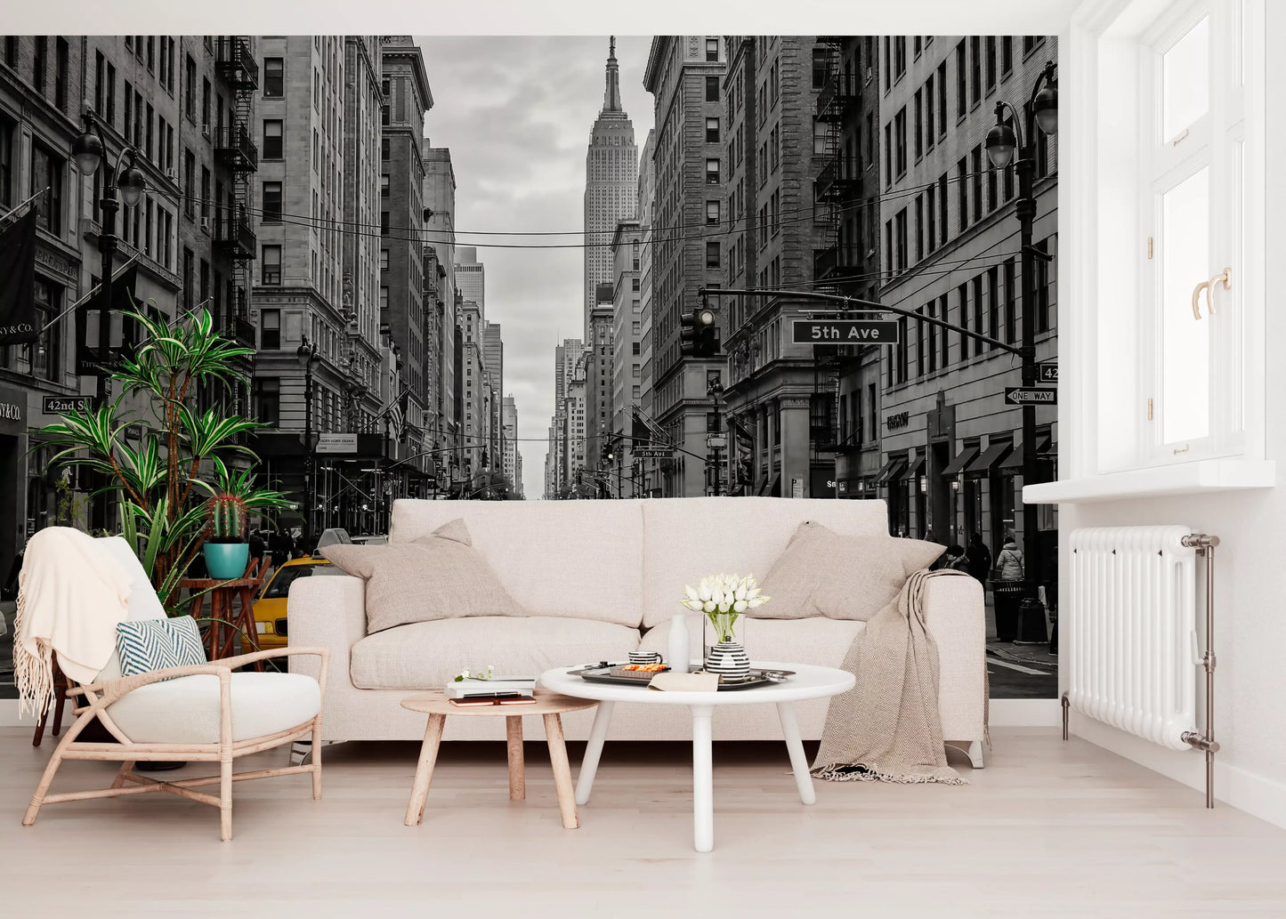 Black and white wall mural with yellow cabs and city road detail