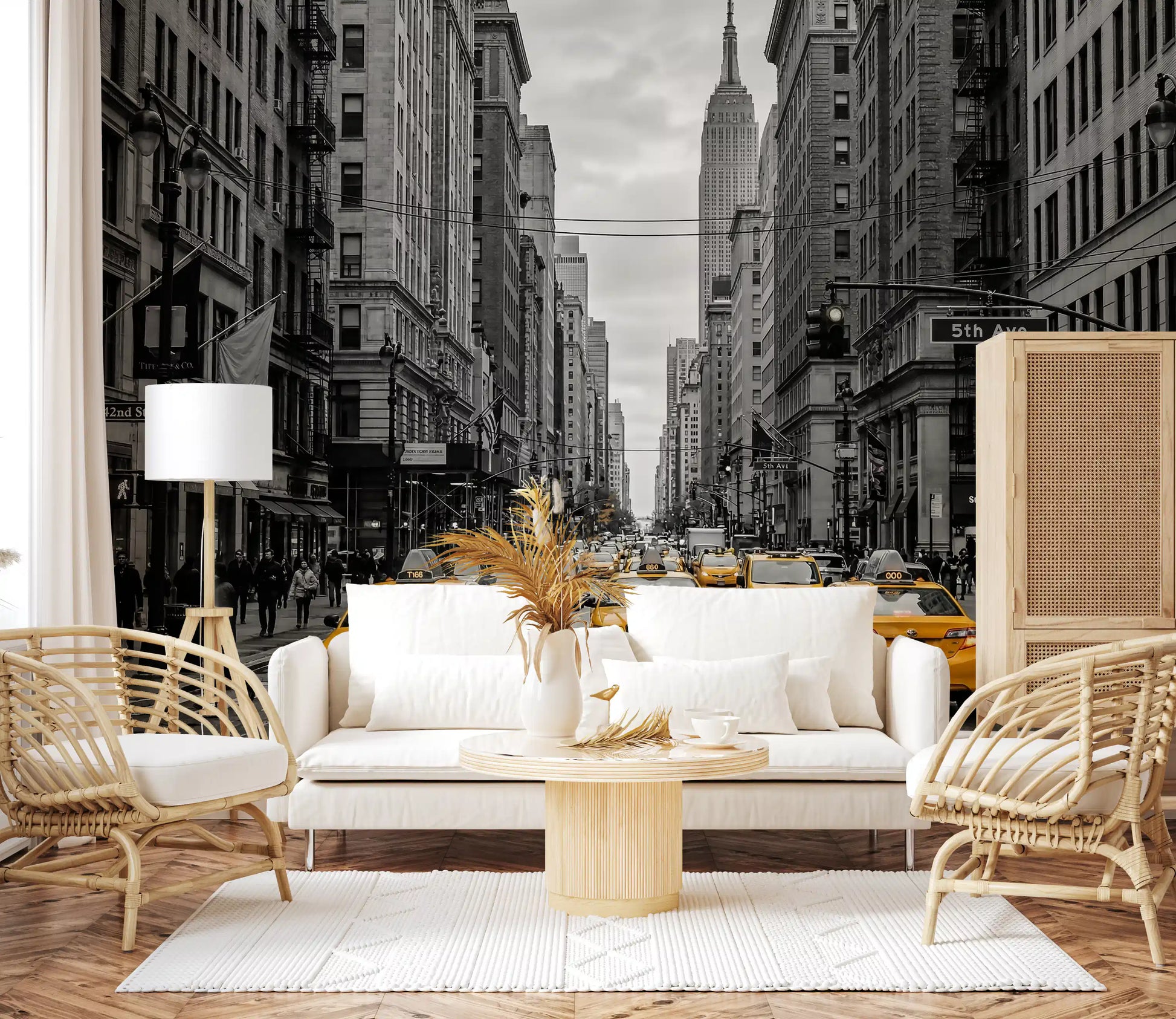 Living room styled with yellow taxi wall mural and city buildings