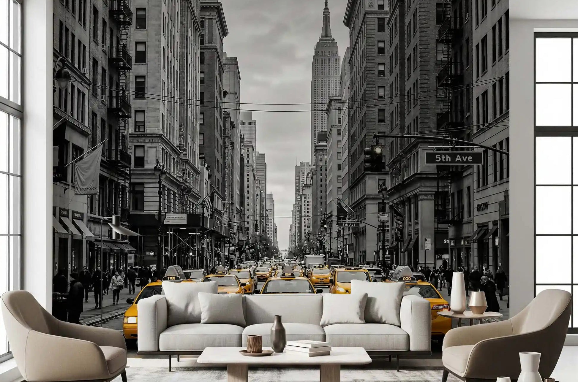Living room with Manhattan Golden Rush mural and yellow taxis