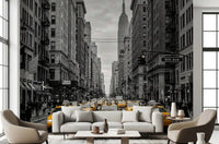 Living room with Manhattan Golden Rush mural and yellow taxis
