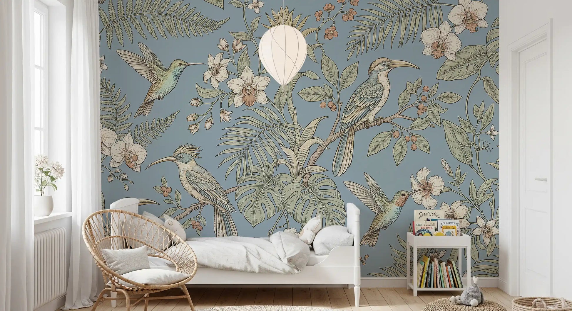 Hummingbirds and broad leaves define this aviary wall mural design