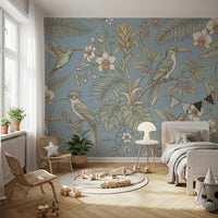 Exotic Serenity mural showing birds, foliage, and vintage linework