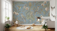 Kids room finished with blue botanical mural and aviary pattern