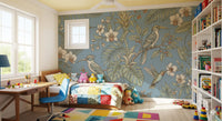 Bedroom featuring Exotic Serenity wall mural with leafy bird artwork
