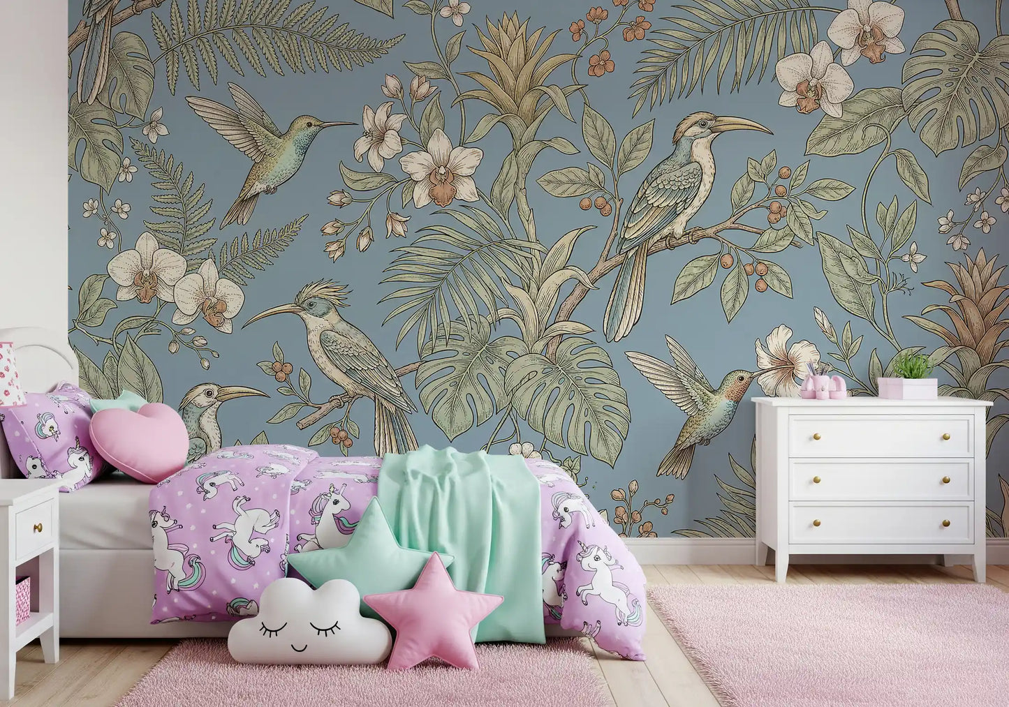 Kids room using tropical bird wall mural with orchid details