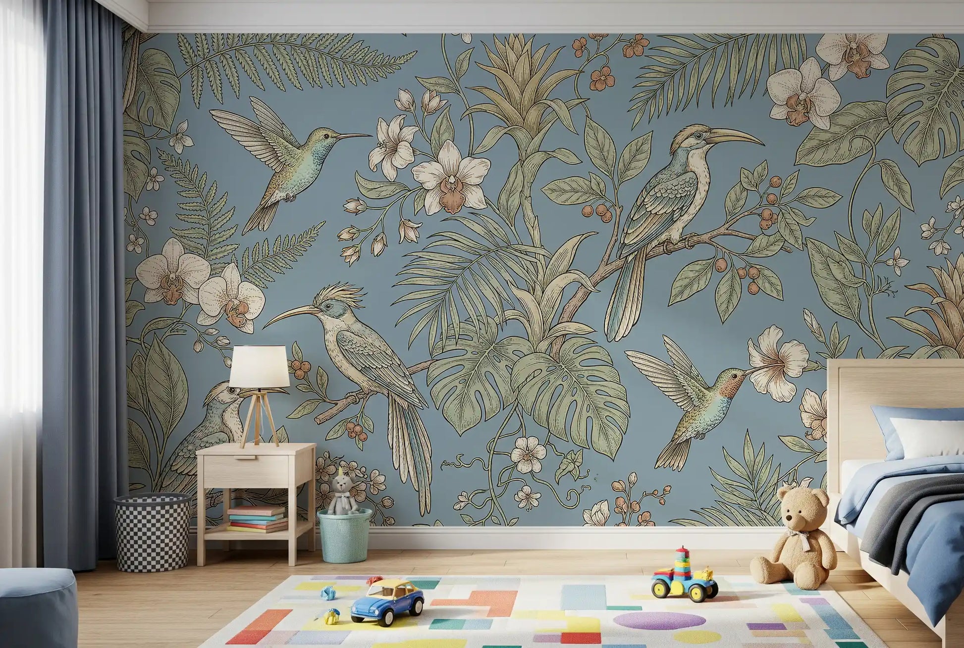 Botanical bird wall mural with palms, orchids, and perched birds