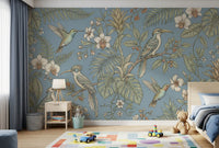 Botanical bird wall mural with palms, orchids, and perched birds