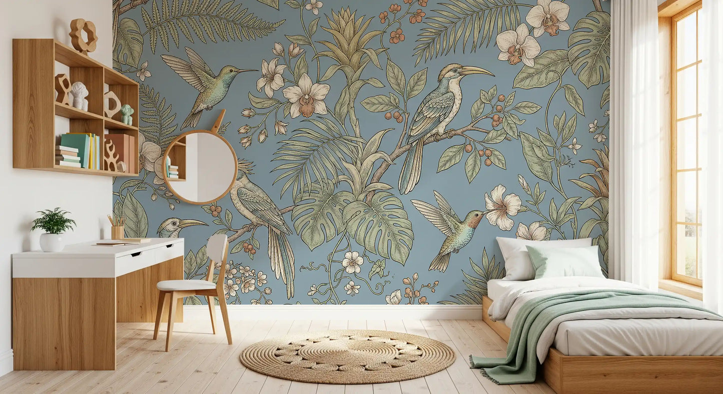 Blue tropical wall mural with detailed birds and floral branches