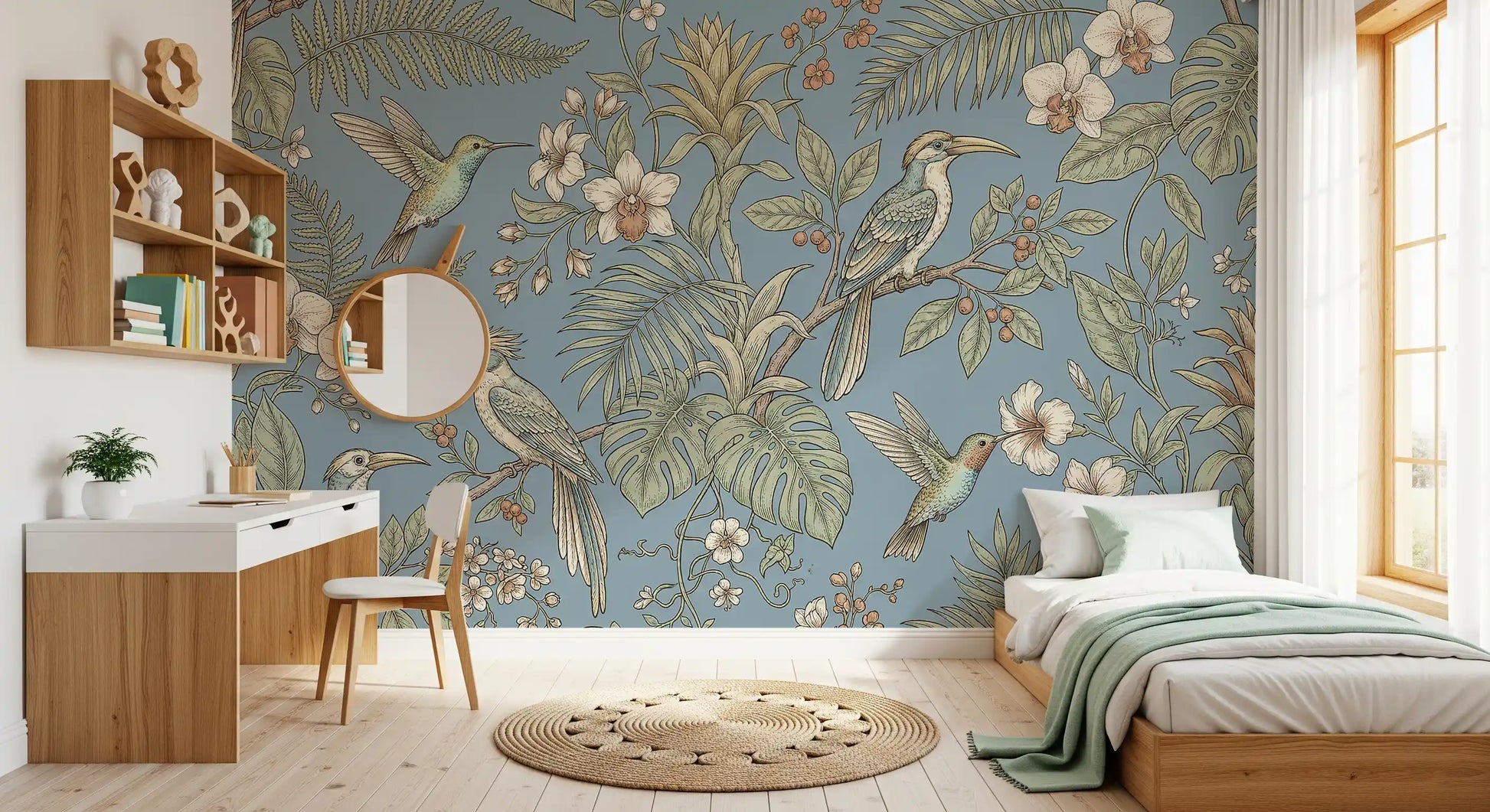 Blue tropical wall mural with detailed birds and floral branches