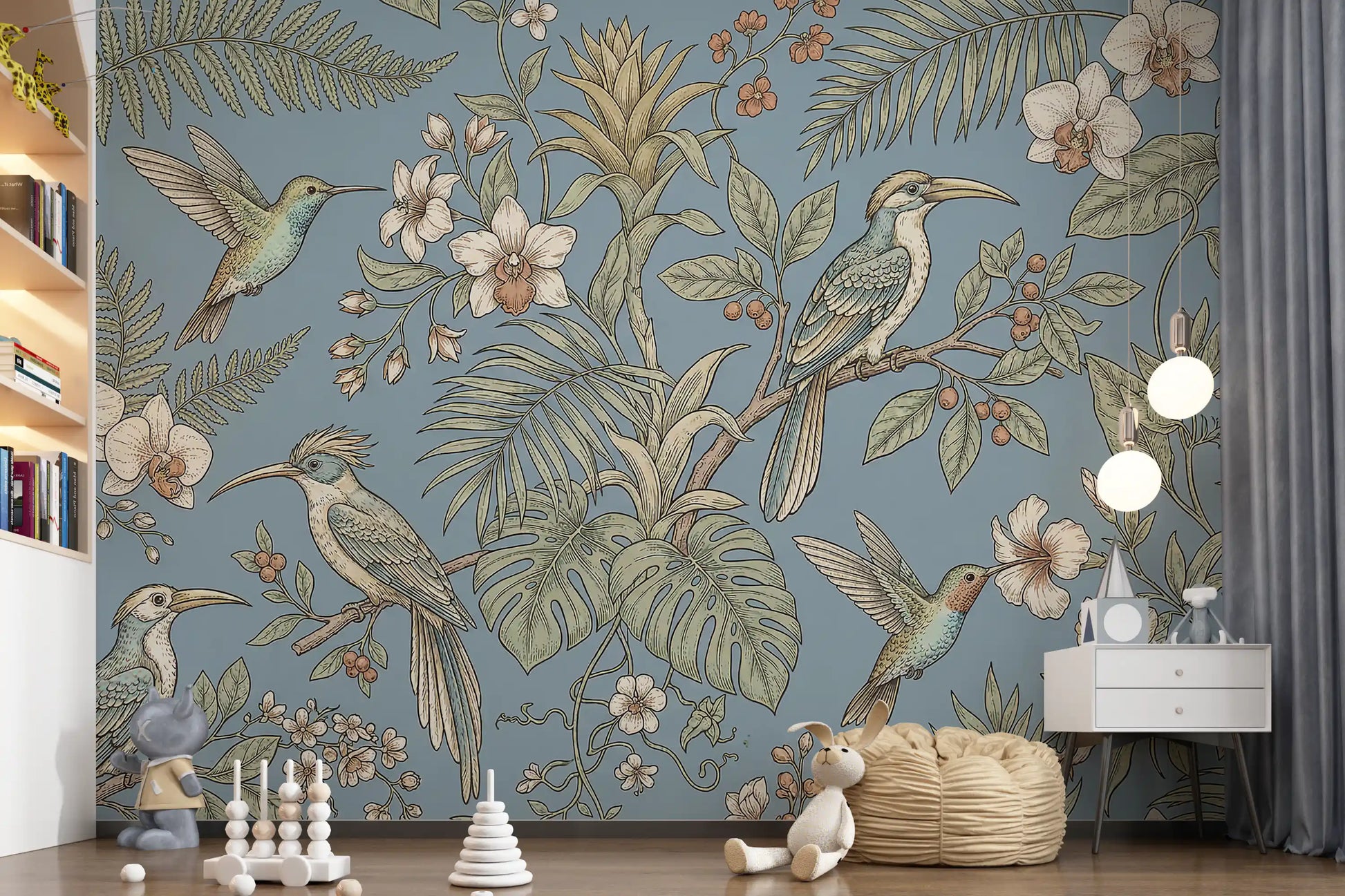 Play area wall styled with botanical aviary mural and tropical birds