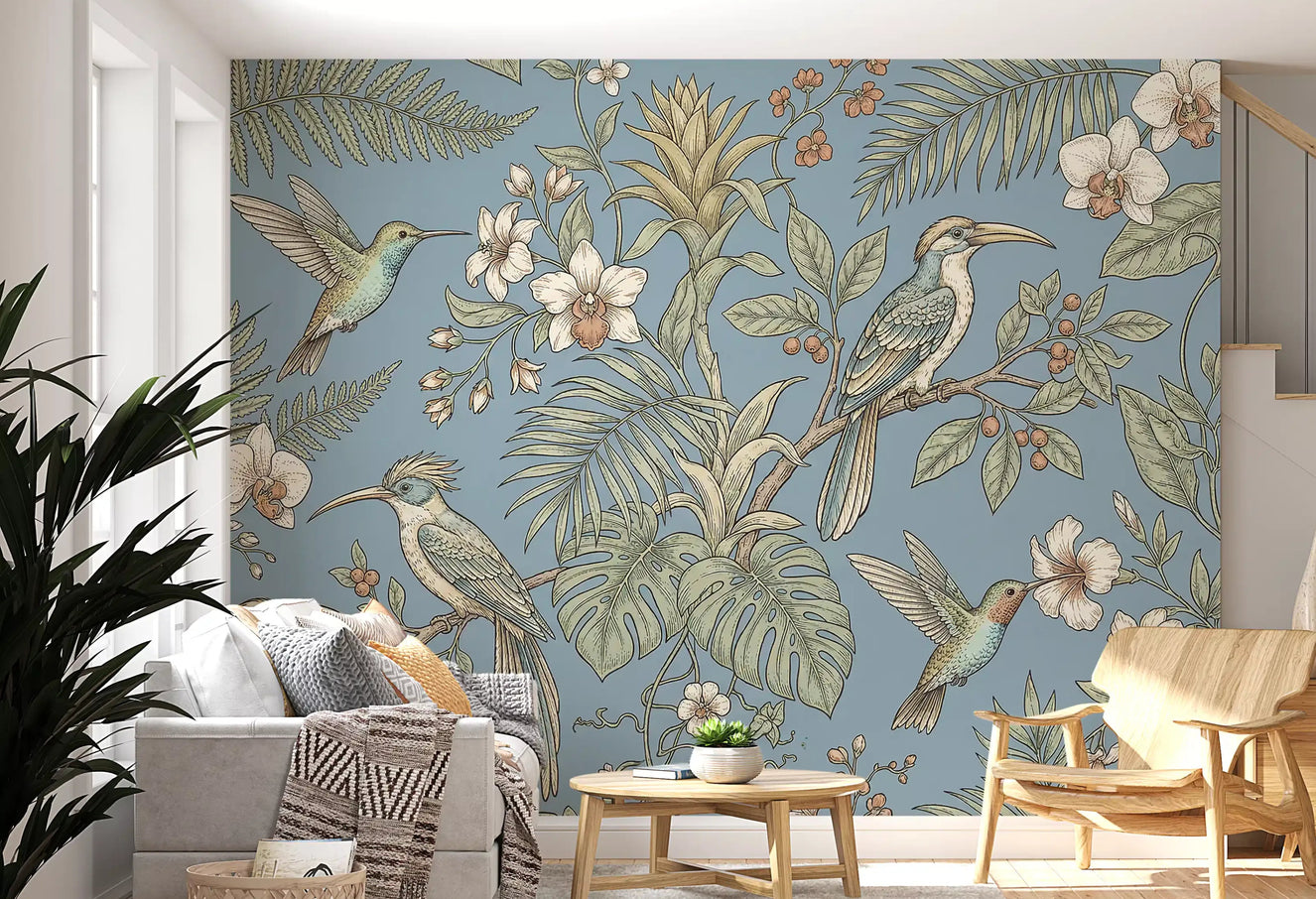 Living room with Exotic Serenity aviary wall mural and blue foliage