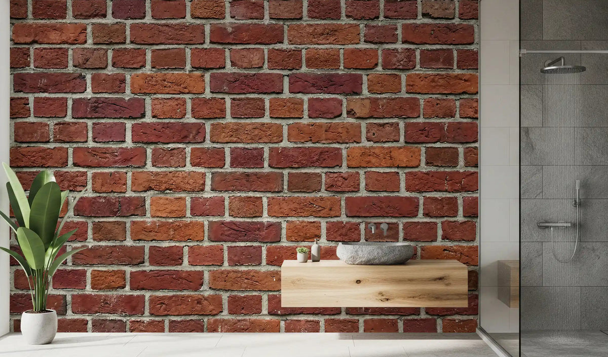 Bathroom styled with Rustic Red Brick wall mural and aged texture
